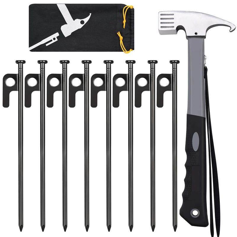 DkOvn مجموعة أوتاد ومطرقة خيمة، 8 قطع، أوتاد خيمة فولاذية مطروقة شديدة التحمل بطول 8 بوصات + مطرقة تخييم شديدة التحمل بطول 12 بوصة + حقيبة تخزين، متوفرة في روكي بليس - Image 1