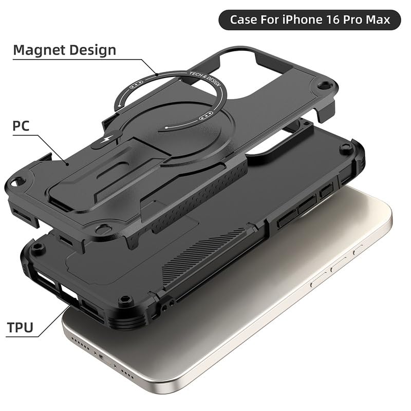 US LITE Back Cover for iPhone 16 Pro Max with Portable Kickstand | Mag-Safe Compatible Magnetic Case | Shockproof Military Grade Protection | Extreme Protection Phone Cover – Black - Image 4