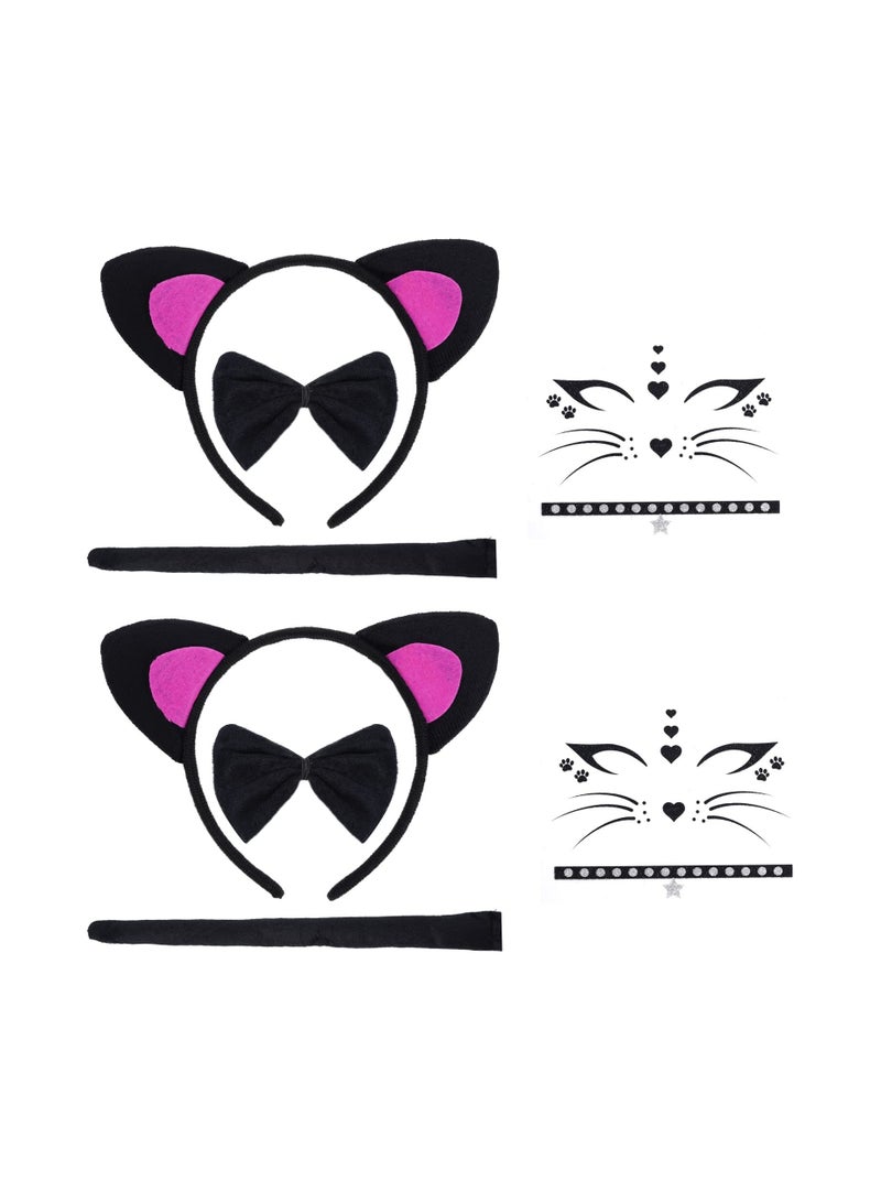 2 Set Little Cat Costume, Cat Ears Headband Bow Tie Tail, 2 Sheets Cat Face Stickers for Cosplay Costume Party Decor DIY, Animal Fancy Dress Costume Kit  Animal Costume (Little Cat Style) - Image 1