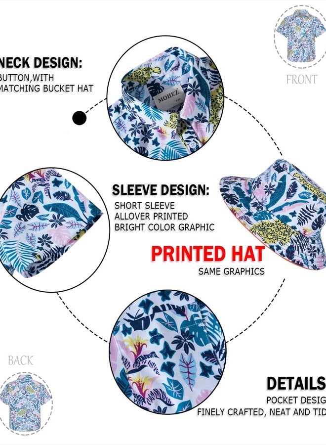 MOHEZ Boys Hawaiian Shirt and Short Set Summer Outfit Kids 2 Piece Clothes Button Down Printed Shirts Set With Bucket Hat White 7-8 Years Old - Image 3