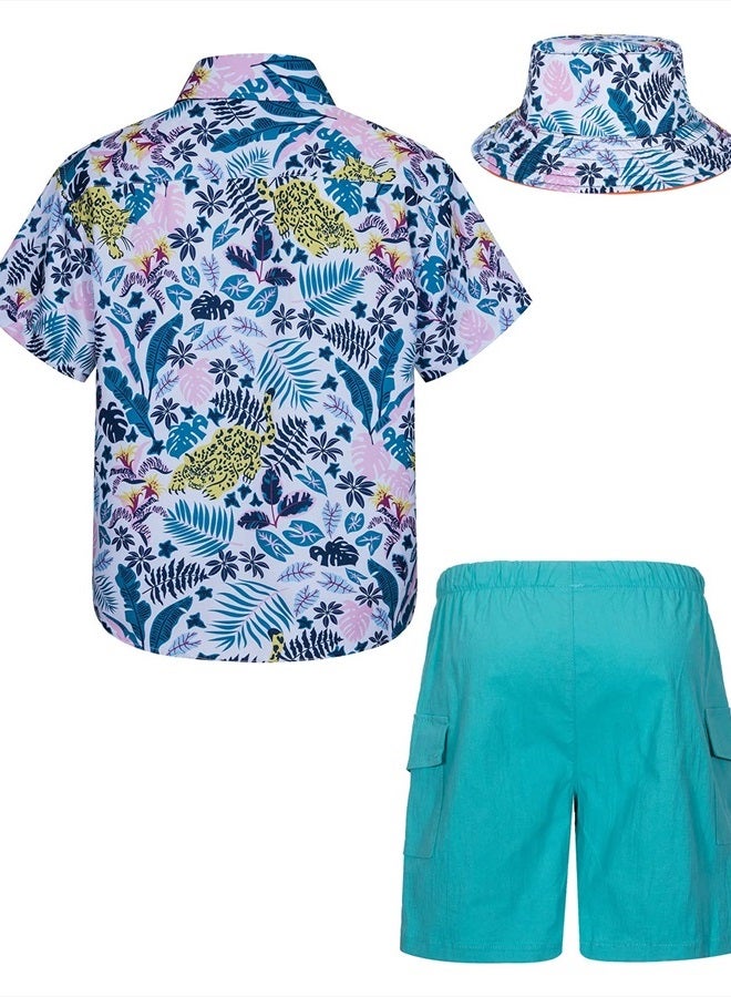 MOHEZ Boys Hawaiian Shirt and Short Set Summer Outfit Kids 2 Piece Clothes Button Down Printed Shirts Set With Bucket Hat White 7-8 Years Old - Image 2