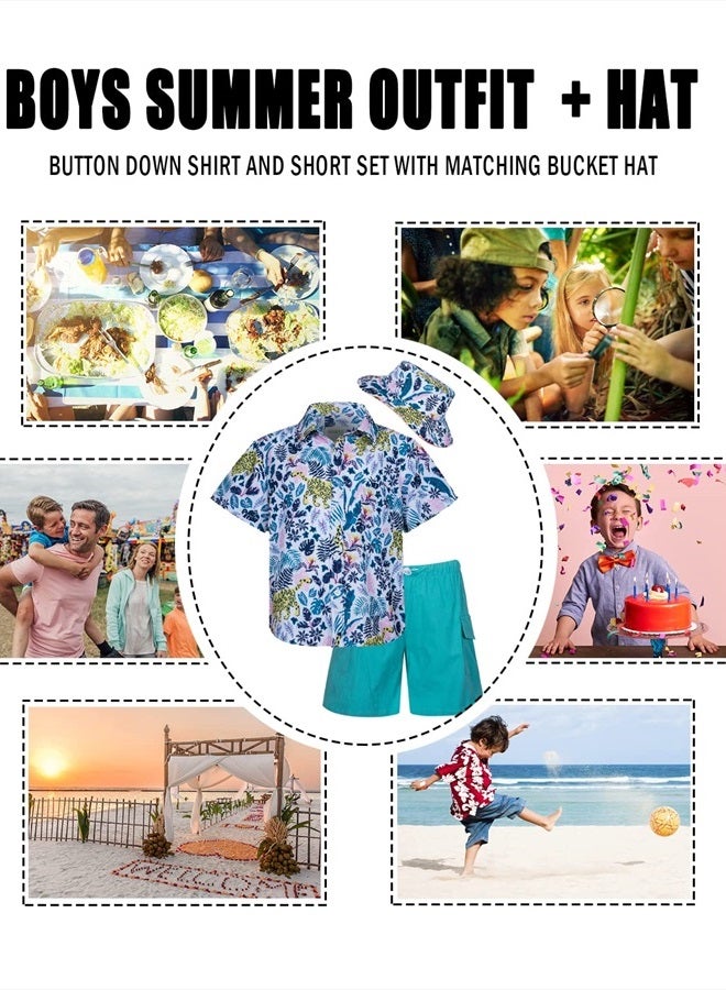 MOHEZ Boys Hawaiian Shirt and Short Set Summer Outfit Kids 2 Piece Clothes Button Down Printed Shirts Set With Bucket Hat White 7-8 Years Old - Image 5