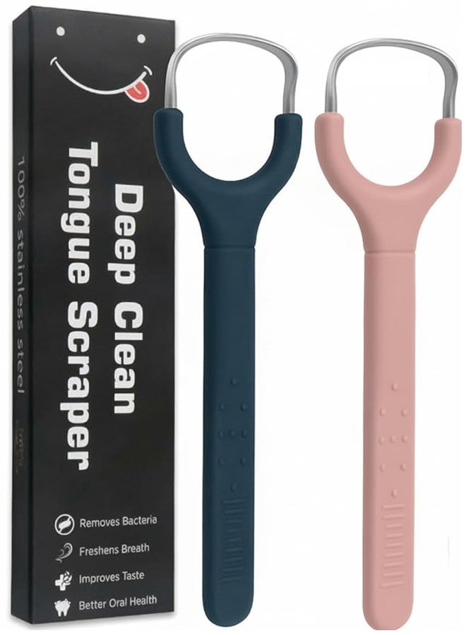 Prplet Tongue Cleaner Scraper for Adults & Kids - Stainless Steel Tongue Scraper for Hygiene, Fresh Breath, Removes Bacteria - Deep Clean Tongue Cleaning Tool (Pack of 2) (Blue+Pink) - Image 1