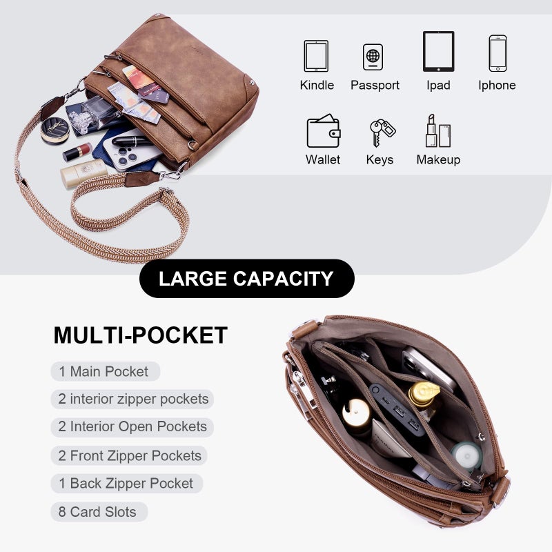 Lexiyat Crossbody Bags for Women Rfid Travel Crossbody Purses Leather Roomy Handbags Medium Shoulder bag with Adjustable Strap Brown - Image 3