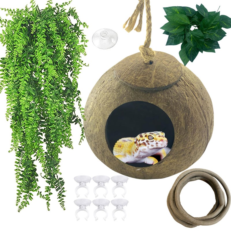 MUYG Crested Gecko Coconut Hut,Leopard Gecko Natural Coco Shell Den Reptiles Habitat Durable Hanging Cave Hideouts Plants Climbing Decoration for Amphibians and Small Animals(4 Pcs) - Image 1