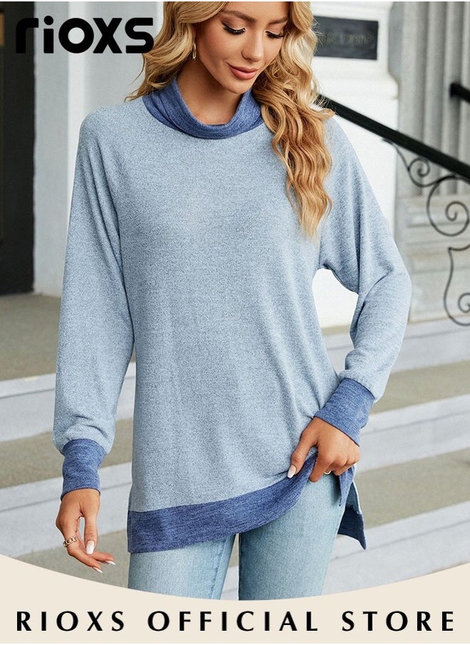 RIOXS Women's Long Sleeve Fitted Tunic Knitted Solid Color Tops Contrast Collar Cuff and Hem Soft and Comfortable Pullover Tunic  - Image 5