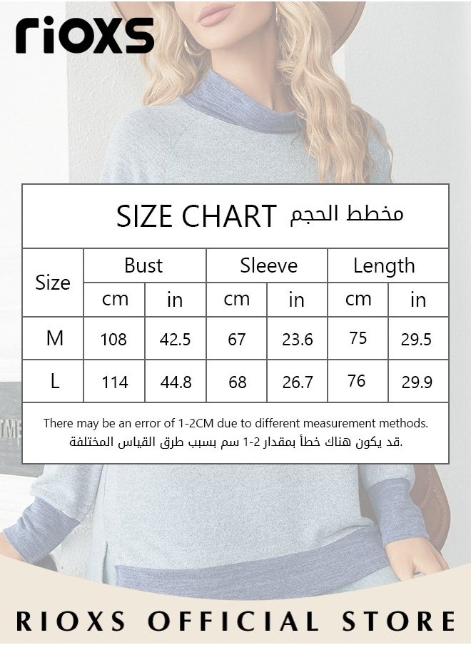 Women's Long Sleeve Fitted Tunic Knitted Solid Color Tops Contrast Collar Cuff and Hem Soft and Comfortable Pullover Tunic