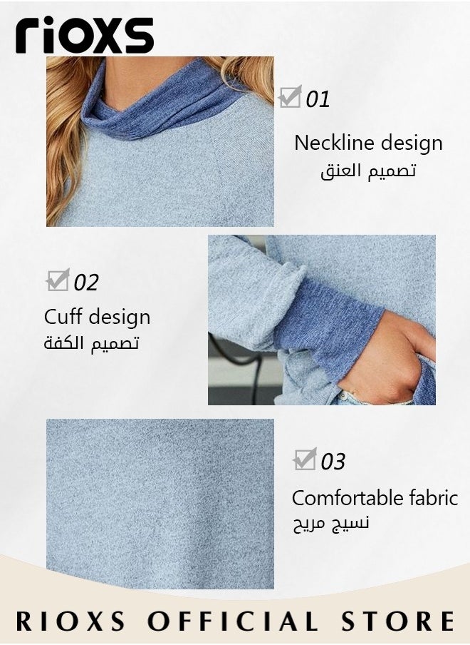 Women's Long Sleeve Fitted Tunic Knitted Solid Color Tops Contrast Collar Cuff and Hem Soft and Comfortable Pullover Tunic