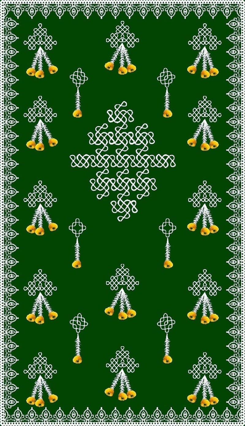 Sri Yagnaa - Backdrop Cloth for Pooja Decoration Traditional - M 1 - Background Curtain Cloth for Festival Decoration (5x8 Ft) (Green Muggu Flowers Design Backdrop) - Image 2