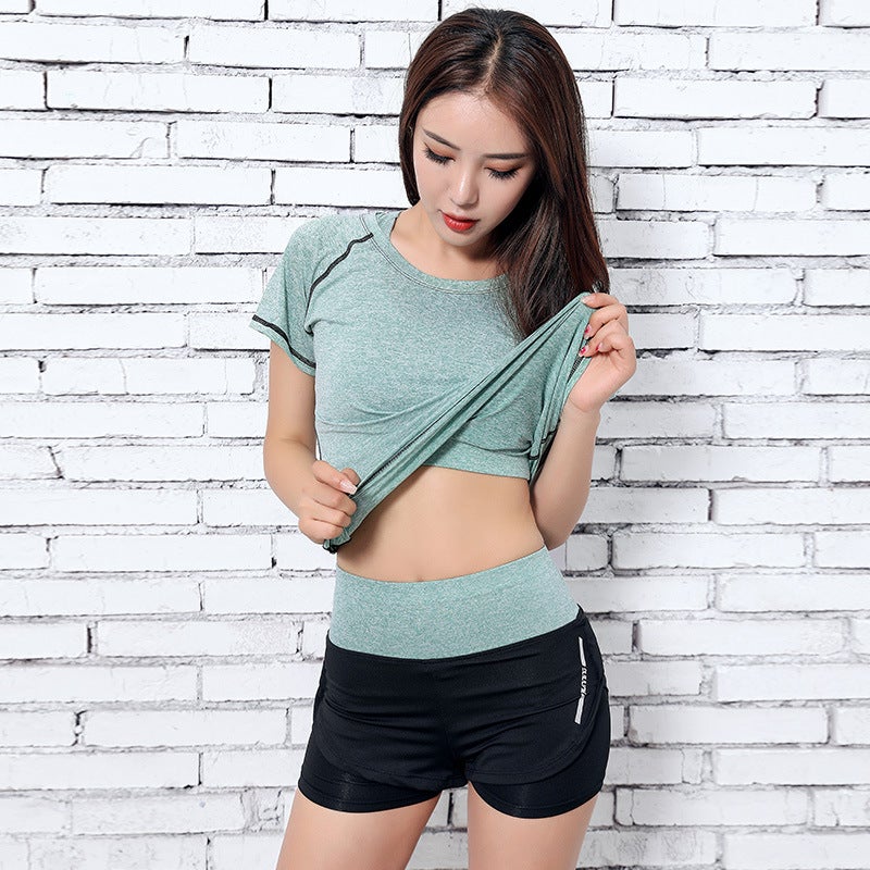 Generic Yoga clothing 5-piece autumn and winter hot sports clothing professional running fitness suit womens coat T-shirt bra Green three-piece (shorts short-sleeved bra) 
