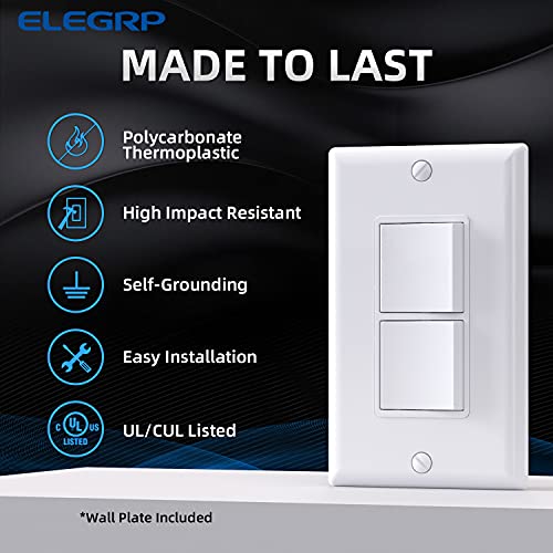 ELEGRP Decorator Double Rocker Light Switch, Two Single Pole Electrical Paddle, 15A 120V, In-Wall On/Off, Self-Grounding, Wall Plate Included, UL Listed (2 Pack, Glossy White) - Image 2