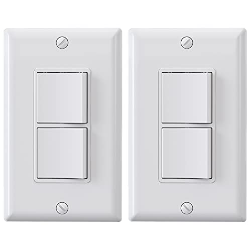 ELEGRP Decorator Double Rocker Light Switch, Two Single Pole Electrical Paddle, 15A 120V, In-Wall On/Off, Self-Grounding, Wall Plate Included, UL Listed (2 Pack, Glossy White) - Image 1