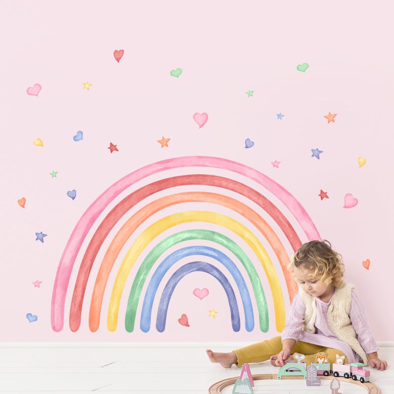 Supzone 42" x 26" Rainbow Wall Decals Stickers for Girls Nursery Peel and Stick Watercolor Rainbow Hearts Stars Vinyl Wall Mural for Kids Toddlers Bedroom Playroom Classroom - Image 2