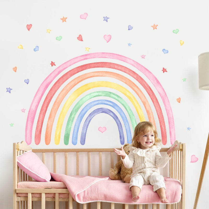 Supzone 42" x 26" Rainbow Wall Decals Stickers for Girls Nursery Peel and Stick Watercolor Rainbow Hearts Stars Vinyl Wall Mural for Kids Toddlers Bedroom Playroom Classroom - Image 1