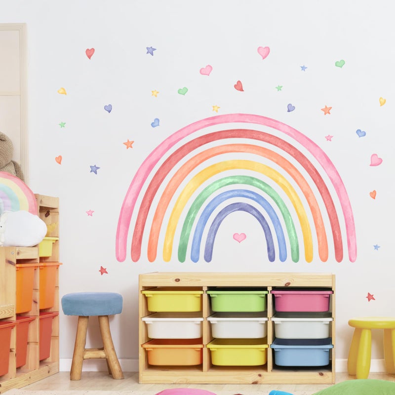 Supzone 42" x 26" Rainbow Wall Decals Stickers for Girls Nursery Peel and Stick Watercolor Rainbow Hearts Stars Vinyl Wall Mural for Kids Toddlers Bedroom Playroom Classroom - Image 3