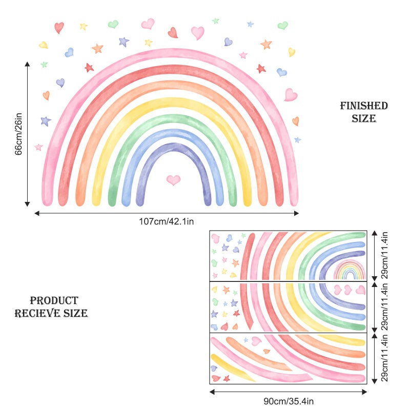 Supzone 42" x 26" Rainbow Wall Decals Stickers for Girls Nursery Peel and Stick Watercolor Rainbow Hearts Stars Vinyl Wall Mural for Kids Toddlers Bedroom Playroom Classroom - Image 4