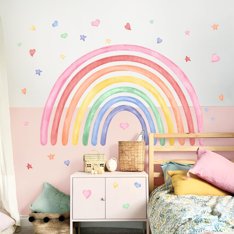 Supzone 42" x 26" Rainbow Wall Decals Stickers for Girls Nursery Peel and Stick Watercolor Rainbow Hearts Stars Vinyl Wall Mural for Kids Toddlers Bedroom Playroom Classroom - Image 5