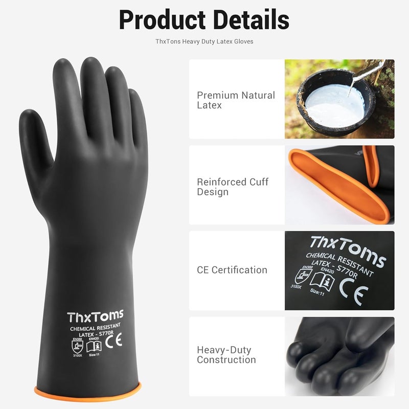 ThxToms قفازات لاتكس ثقيلة الوزن، قفازات مطاطية طويلة، قفازات مقاومة للمواد الكيميائية، مقاومة للثقب، مقاومة للأحماض، والزيوت، والقلويات، مقاومة للماء للتنظيف الصناعي، والطب، والبستنة، 14 بوصة، 1 زوج - Image 2