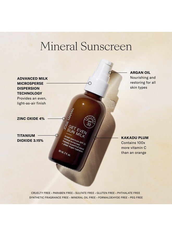 josie maran - Get Even Sun Milk Lightweight Mineral Sunscreen And Facial Moisturizer With Spf 33 Infused With Argan Oil Zinc Oxide & Kakadu Plum Instantly Hydrates + Boosts Radiance (2Oz) - Image 1