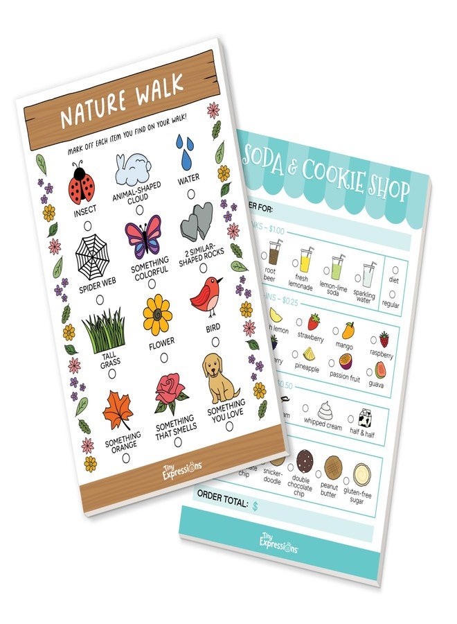 Tiny Expressions Kids Imaginative Play Notepads - 40 Pages Order-Taking Soda & Cookie Shop Notepad & 40 Pages for Nature Walk Scavenger Hunt - Imaginative Role Play, Playtime Notepads - Image 1