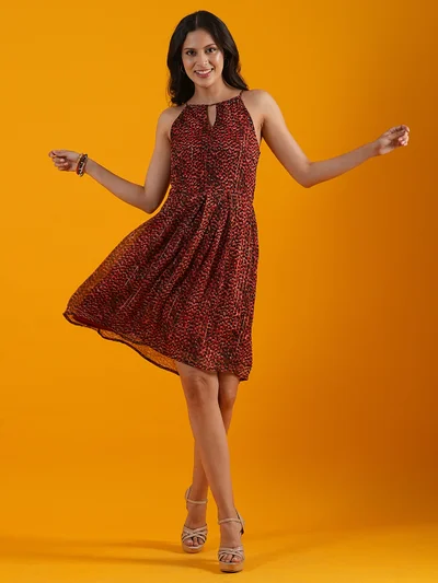 globus Women Rust Animal Print Keyhole Neck Georgette Fit & Flare Dress