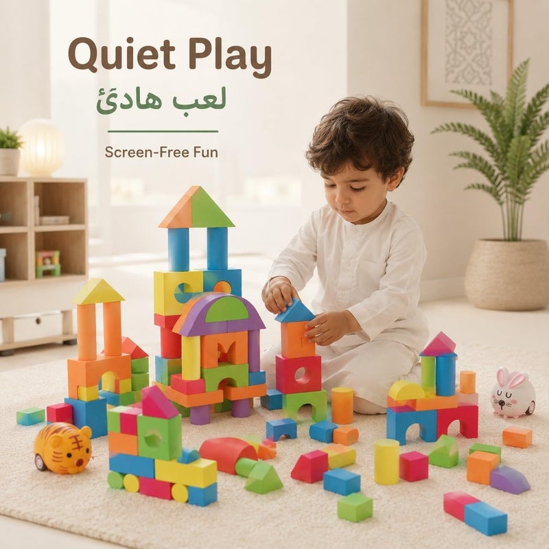 MIANQI 92 Pieces Soft EVA Foam Building Blocks, Waterproof Construction Stacking Toys, Quiet Bath Toy for Early STEM Education and Indoor Play - Image 3