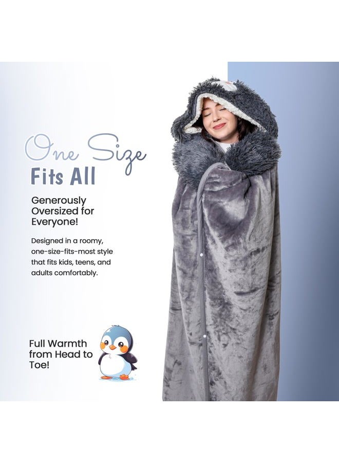 Wish Well Penguin Wearable Hooded Blanket - Warm & Cozy Oversized Blanket Hoodie Hand Gloves- Soft Plush Premium Sherpa and Flannel Fleece Hoodie Blanket - Penguin Gifts for Women Adults and Kids - Image 5