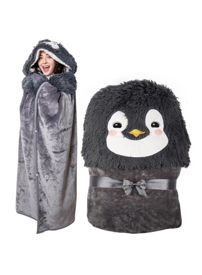 Wish Well Penguin Wearable Hooded Blanket - Warm & Cozy Oversized Blanket Hoodie Hand Gloves- Soft Plush Premium Sherpa and Flannel Fleece Hoodie Blanket - Penguin Gifts for Women Adults and Kids - Image 1