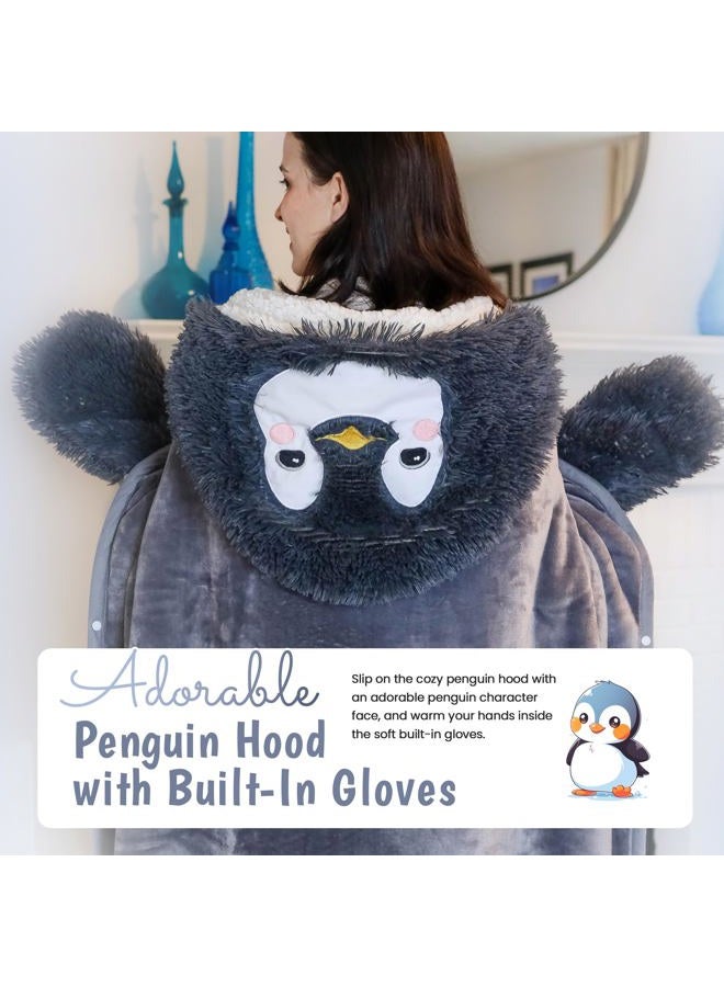 Wish Well Penguin Wearable Hooded Blanket - Warm & Cozy Oversized Blanket Hoodie Hand Gloves- Soft Plush Premium Sherpa and Flannel Fleece Hoodie Blanket - Penguin Gifts for Women Adults and Kids - Image 3