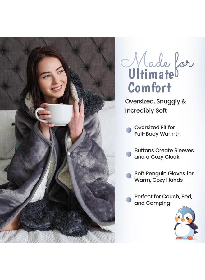 Wish Well Penguin Wearable Hooded Blanket - Warm & Cozy Oversized Blanket Hoodie Hand Gloves- Soft Plush Premium Sherpa and Flannel Fleece Hoodie Blanket - Penguin Gifts for Women Adults and Kids - Image 4