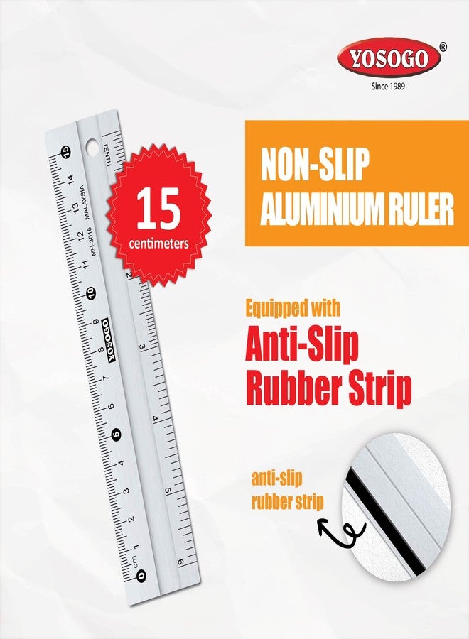 YOSOGO 6-Inch / 15cm Anti-Slip Aluminum Ruler - Pack of 6 | Lightweight, Durable, & Precise with Non-Slip Backing | Safe for Cutting & Measuring | Perfect for Professional, School, and Home Use - Image 2