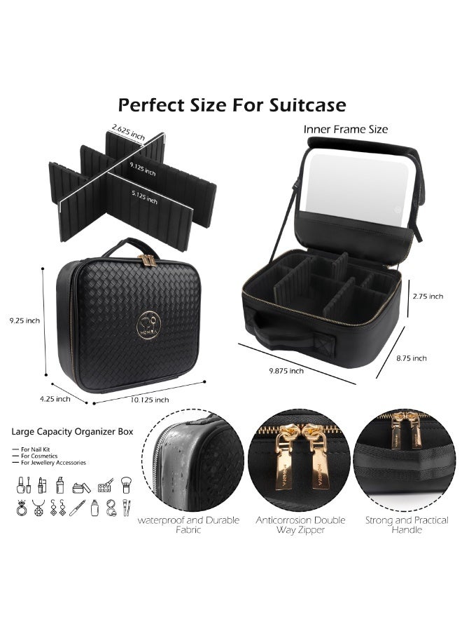 XiuWoo Travel Makeup Bag Cosmetic Bag Makeup Organizer Bag with Lighted Mirror, Adjustable Brightness in 3 Color Scenarios, Waterproof Makeup Train Case, Gift for Women - Woven black - Image 3