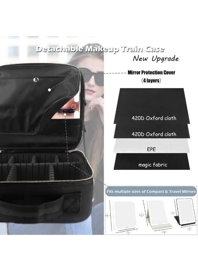 XiuWoo Travel Makeup Bag Cosmetic Bag Makeup Organizer Bag with Lighted Mirror, Adjustable Brightness in 3 Color Scenarios, Waterproof Makeup Train Case, Gift for Women - Woven black - Image 2