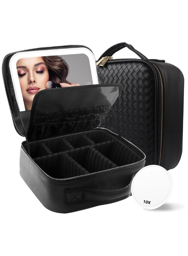 XiuWoo Travel Makeup Bag Cosmetic Bag Makeup Organizer Bag with Lighted Mirror, Adjustable Brightness in 3 Color Scenarios, Waterproof Makeup Train Case, Gift for Women - Woven black - Image 1