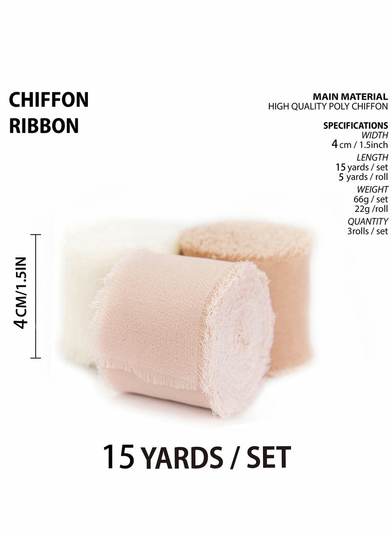 طقم شرائط شيفون يدوية الصنع بشعيرات تشبه الحرير - 3 لفات (4 سم × 5 يارد) بالكريم والبرتقالي للزفاف والهدايا والأعمال اليدوية - Image 5