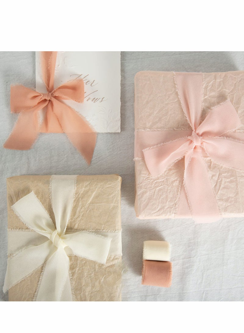 طقم شرائط شيفون يدوية الصنع بشعيرات تشبه الحرير - 3 لفات (4 سم × 5 يارد) بالكريم والبرتقالي للزفاف والهدايا والأعمال اليدوية - Image 2