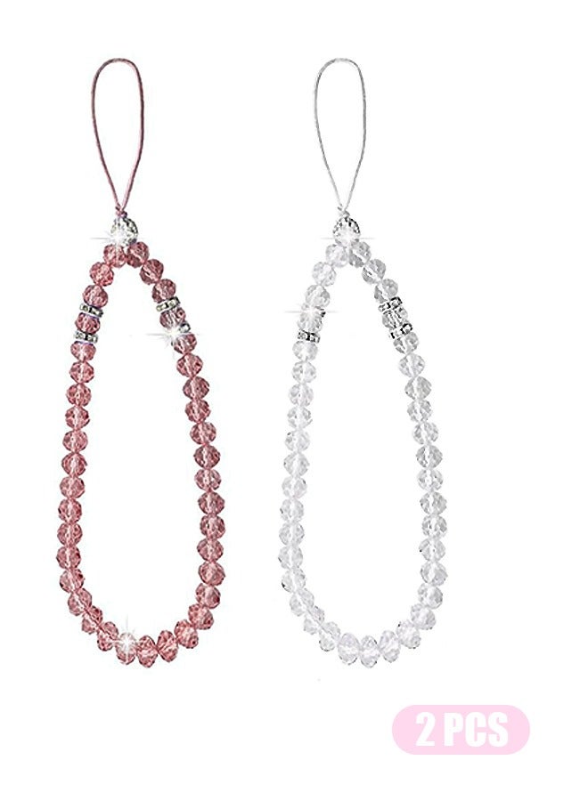 2 Pcs Crystal Beads Cell Phone Lanyard Strap, Bling Short Hand Wrist Lanyard Chain Hanging String for Girl Women Mobile Phone Wristlet Camera Purse (White+Wine Red) - Image 1
