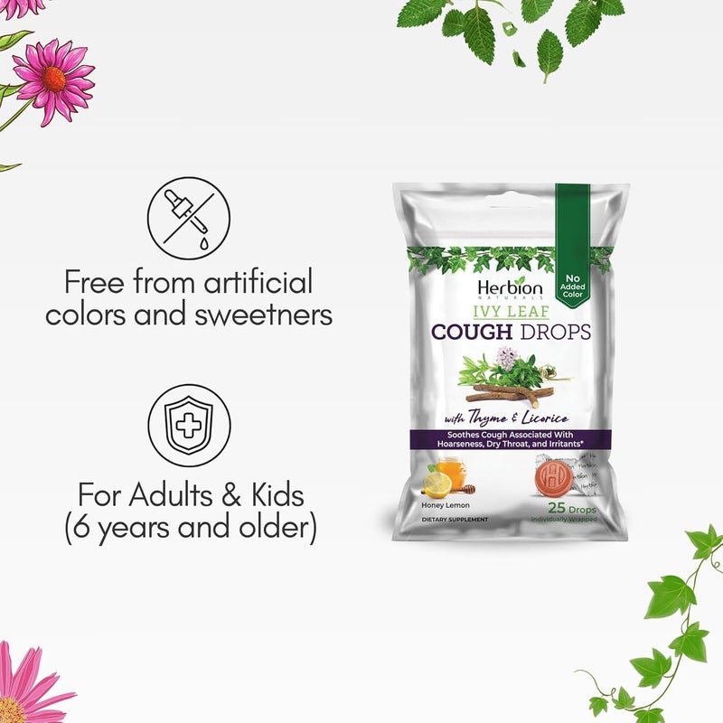 Herbion Naturals Ivy Leaf Cough Drops with Thyme Licorice Honey Lemon Flavor Soothes Cough for Adults Children Over 6 Years 25 Drops Pack of 1 - Image 4