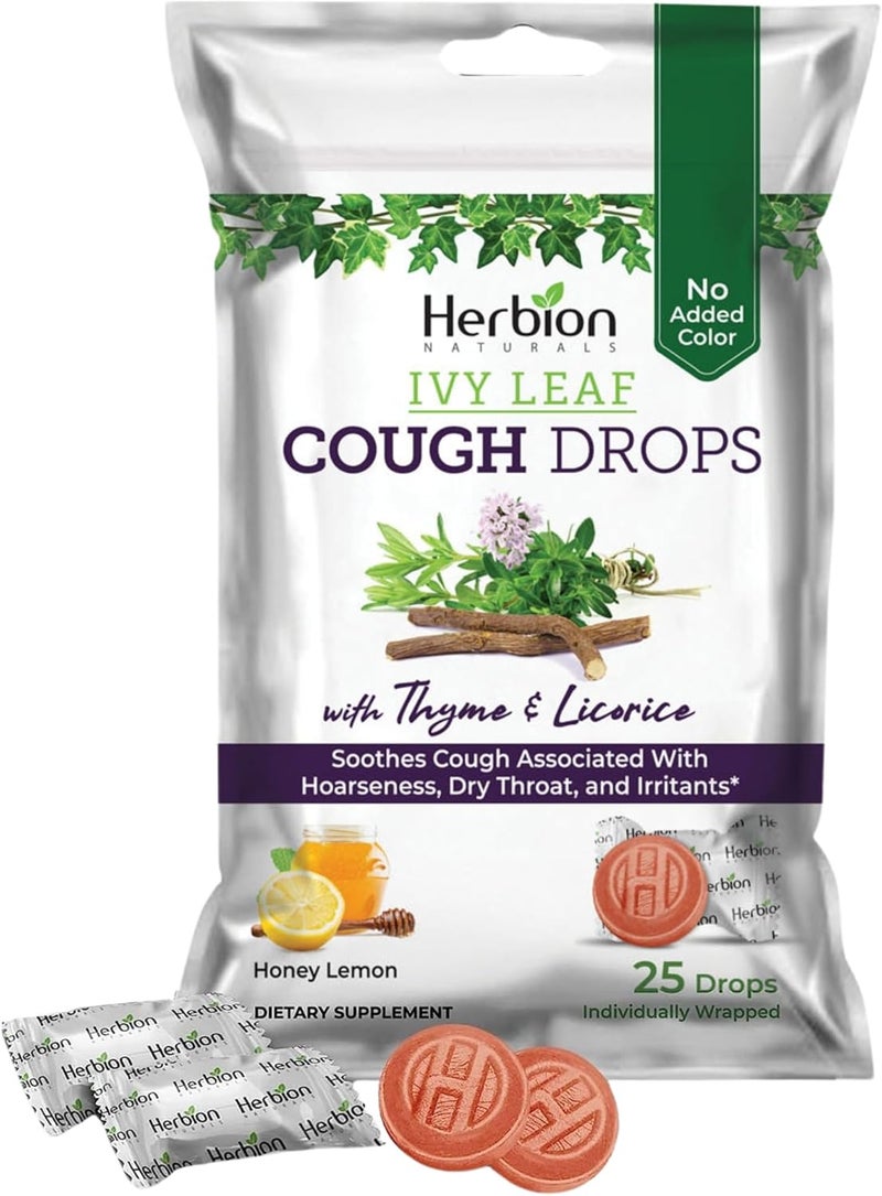 Herbion Naturals Ivy Leaf Cough Drops with Thyme Licorice Honey Lemon Flavor Soothes Cough for Adults Children Over 6 Years 25 Drops Pack of 1 - Image 1