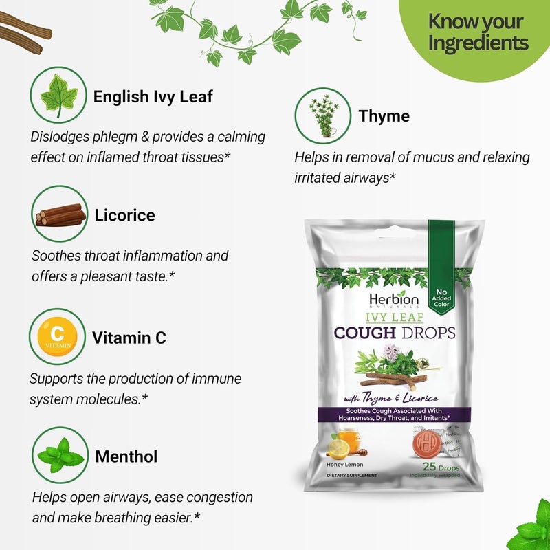 Herbion Naturals Ivy Leaf Cough Drops with Thyme Licorice Honey Lemon Flavor Soothes Cough for Adults Children Over 6 Years 25 Drops Pack of 1 - Image 2
