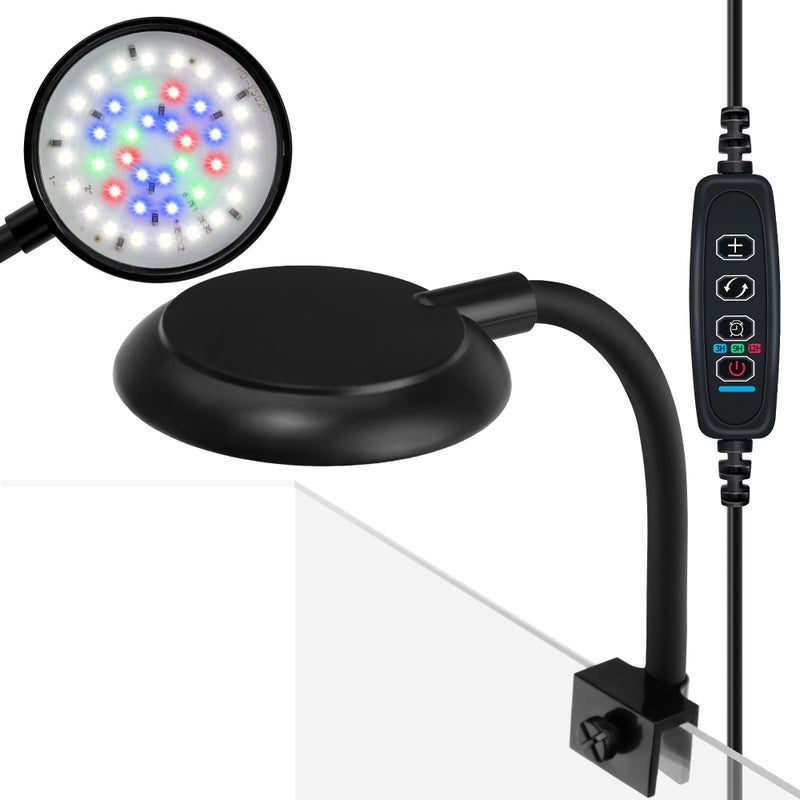 DaToo Mini Clip On Aquarium Light 7W Dimmable Small Fish Tank Light USB Moving Lamp with White Red Blue Green LED for 1 to 3 Gallon Tanks (with Timer) - Image 1