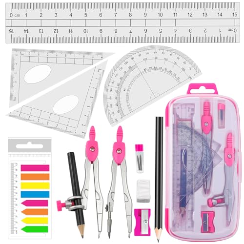 Akuoly Maths Compasses Full Starter Geometry Kit with 2 Drafting Compasses Protractor 2 Set Squares Ruler Pencil and More for Students Maths Study Homework etc. Pink - Image 1