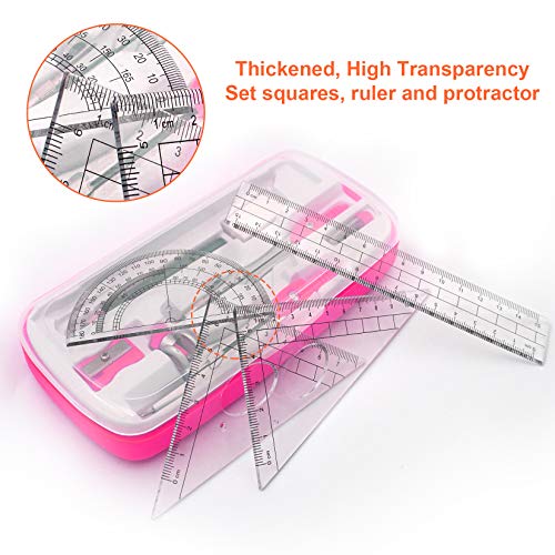 Akuoly Maths Compasses Full Starter Geometry Kit with 2 Drafting Compasses Protractor 2 Set Squares Ruler Pencil and More for Students Maths Study Homework etc. Pink - Image 4