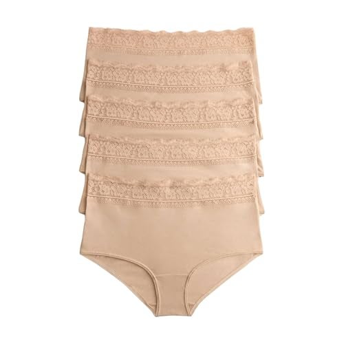 Marks & Spencer ماركس آند سبنسر - سراويل داخلية نسائية من القطن والليكرا باللون البيج مع دانتيل صلب، 5 قطع - Image 1