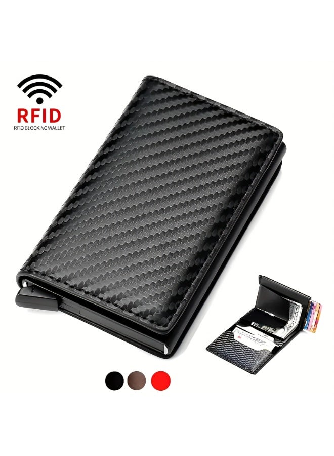 محفظة رجالية بتقنية RFID مانعة للسرقة مع خاصية إخراج البطاقات بضغطة زر – محفظة كارد هولدر نحيفة بنمط ألياف الكربون مع هيكل ألمنيوم، أسود - Image 1