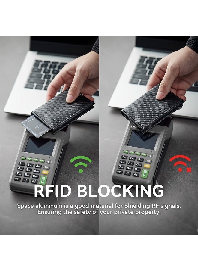 محفظة رجالية بتقنية RFID مانعة للسرقة مع خاصية إخراج البطاقات بضغطة زر – محفظة كارد هولدر نحيفة بنمط ألياف الكربون مع هيكل ألمنيوم، أسود - Image 4