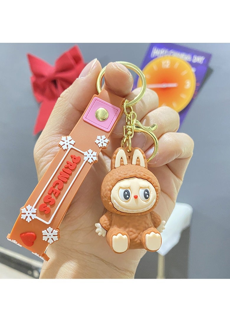 Generic Labubu Cute New Dress Labubu Sitting Cute Series Keychain Car Backpack Doll Gift Keychain (Brown) 
