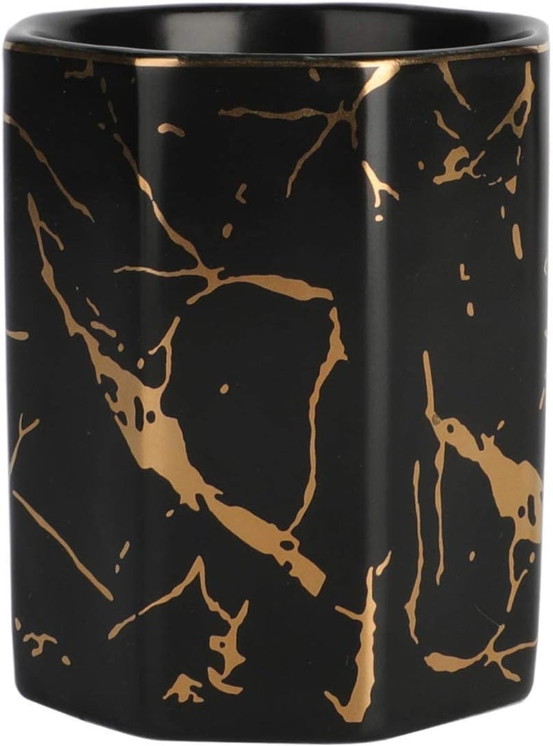 KASTWAVE Ceramic Desk Pen Holder, Stand Golden Pattern Cute Pencil Cup Pot Desk Organizer (Black) - Image 1