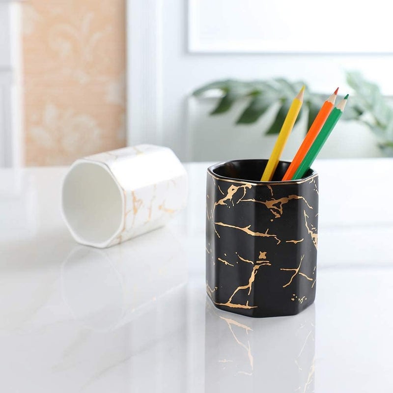 KASTWAVE Ceramic Desk Pen Holder, Stand Golden Pattern Cute Pencil Cup Pot Desk Organizer (Black) - Image 3