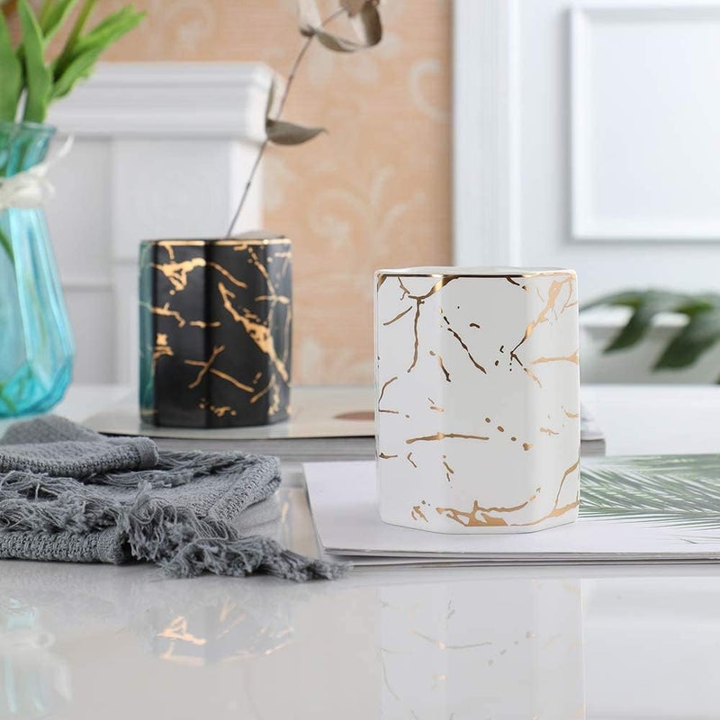 KASTWAVE Ceramic Desk Pen Holder, Stand Golden Pattern Cute Pencil Cup Pot Desk Organizer (Black) - Image 2